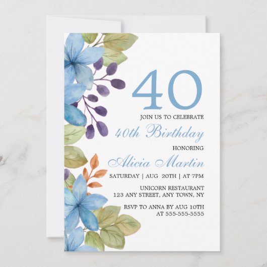 ウォーターカラーブルーフローラニーエイジ誕生日招待状 招待状 (正面)
