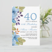 ウォーターカラーブルーフローラニーエイジ誕生日招待状 招待状 (スタンド正面)