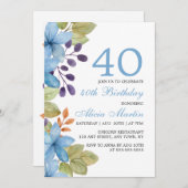 ウォーターカラーブルーフローラニーエイジ誕生日招待状 招待状 (正面/裏面)