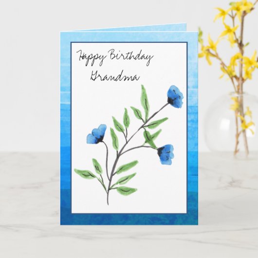 ウォーターカラーブルーフローラハッピーバースデーおばあちゃん カード (黄色い花)