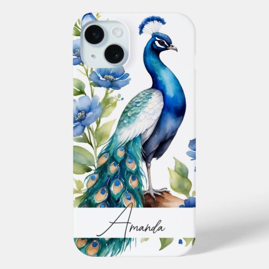 ウォーターカラーブルーフローラピーコックカスタム文字 Case-Mate iPhoneケース (裏面)