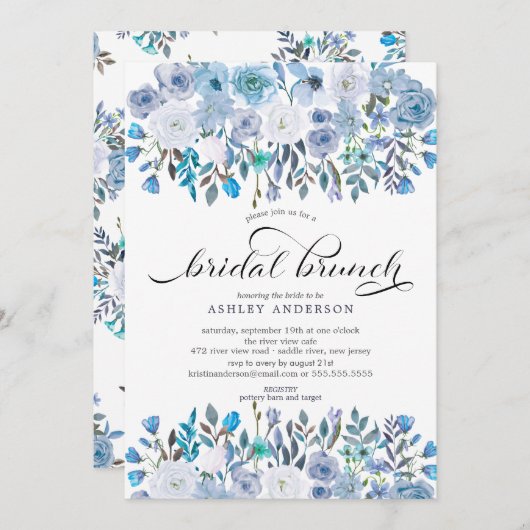 ウォーターカラーブルーフローラブライダルシャワーブルンチ 招待状 (正面/裏面)