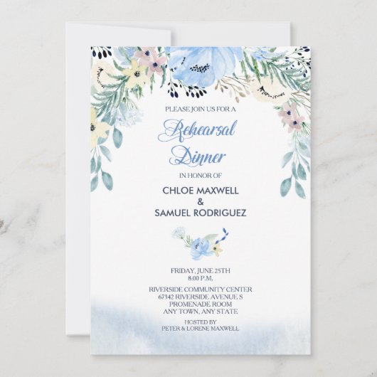 ウォーターカラーブルーフローラリハーサルディナー招待状 招待状 (正面)