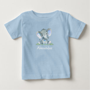 ウォーターカラーブルーベビーエレファントオングリーンリーブルー ベビーTシャツ