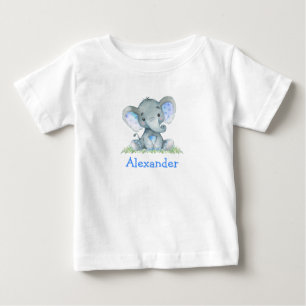 ウォーターカラーブルーベビーエレファントオングリーンリー ベビーTシャツ
