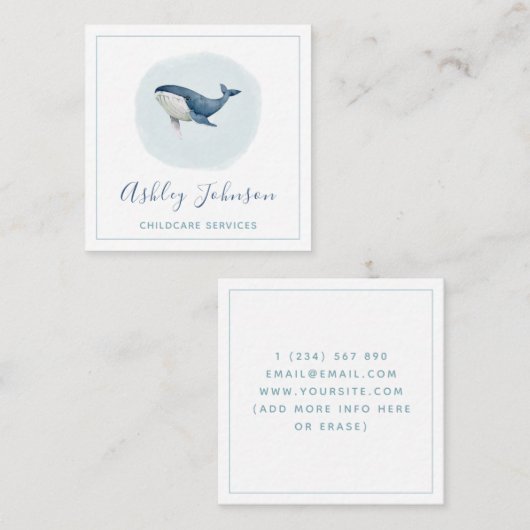 ウォーターカラーブルーベビーホエールベビーシッター託児 スクエア名刺 (正面/裏面)