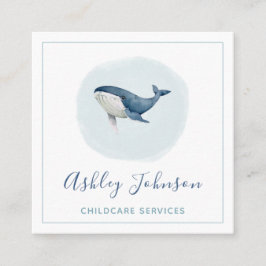 ウォーターカラーブルーベビーホエールベビーシッター託児 スクエア名刺