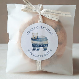 ウォーターカラーブルーホッキョクグマ メリークリスマス ラウンドシール