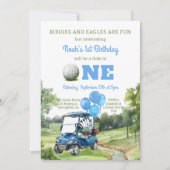 ウォーターカラーブルーホールインワンゴルフ1歳の誕生日 招待状 (正面)