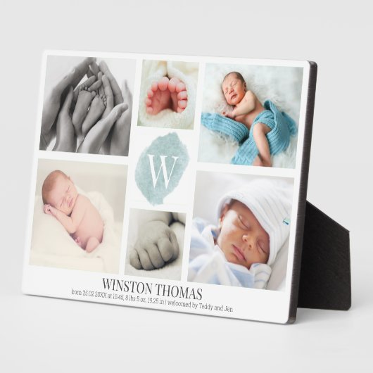 ウォーターカラーブルーモノグラムフォトコラージュボーイ誕生 フォトプラーク (側面)