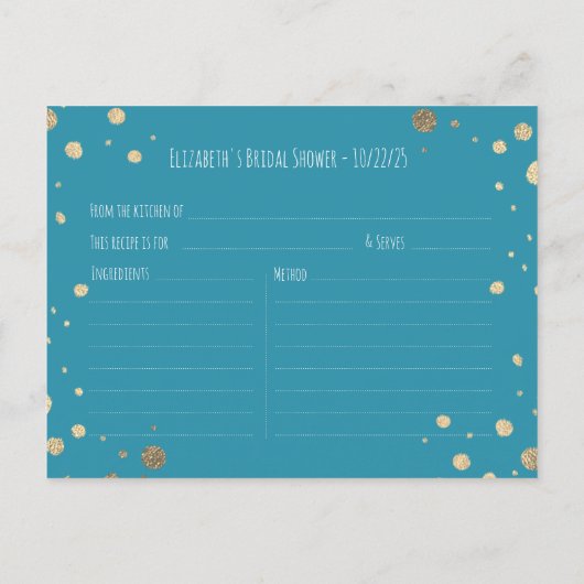 ウォーターカラーブルー金ゴールドマウンテンブライダルシャワーレシピ インビテーションポストカード (裏面)