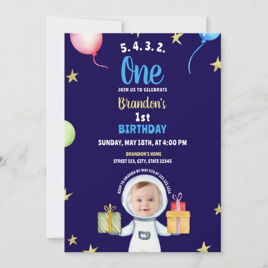 ウォーターカラーブルー&イエロー宇宙飛行士1歳の誕生日 招待状 (正面)
