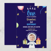 ウォーターカラーブルー&イエロー宇宙飛行士1歳の誕生日 招待状 (正面/裏面)