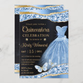 ウォーターカラーブルー&金ゴールドグリッタードレスキンセアニェラ 招待状 (正面/裏面)