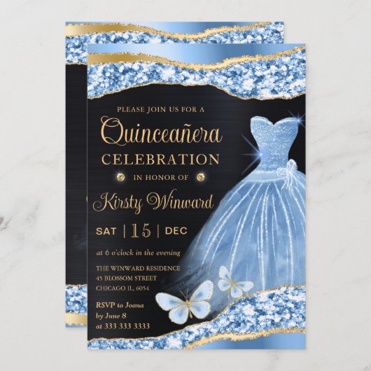 ウォーターカラーブルー&金ゴールドグリッタードレスキンセアニェラ 招待状 (正面/裏面)