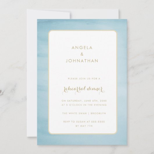 ウォーターカラーブルー&金ゴールドリハーサルディナー招待状 招待状 (正面)