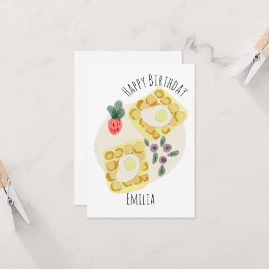ウォーターカラーブレックファーストワフルズフルーツプレート誕生日 カード (正面/裏面インサイチュ)