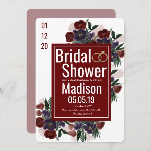 ウォーターカラーブーケボタニーバーガンディブライダルシャワー 招待状 (正面/裏面)