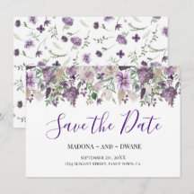 ウォーターカラープラムとライラックの花の結婚式セーブザデートカード
