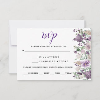 ウォーターカラープラムとライラックの花RSVP 出欠カード