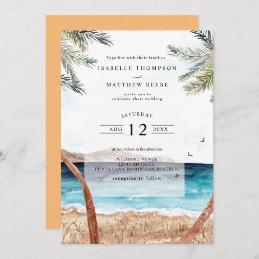 ウォーターカラープンタカナトロピカルビーチ結婚式 招待状 (正面/裏面)