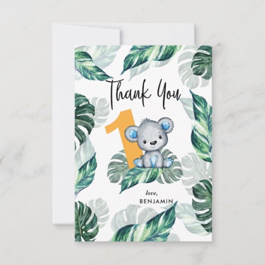 ウォーターカラーベアファースト誕生日写真 サンキューカード (正面)