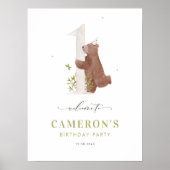 ウォーターカラーベアーウッドランドファースト誕生日ウェルカム ポスター (正面)