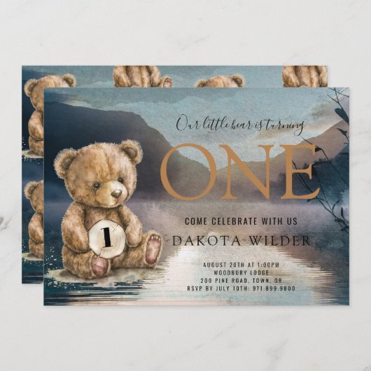 ウォーターカラーベアーターニングワンフォレストレイク誕生日 招待状 (正面/裏面)
