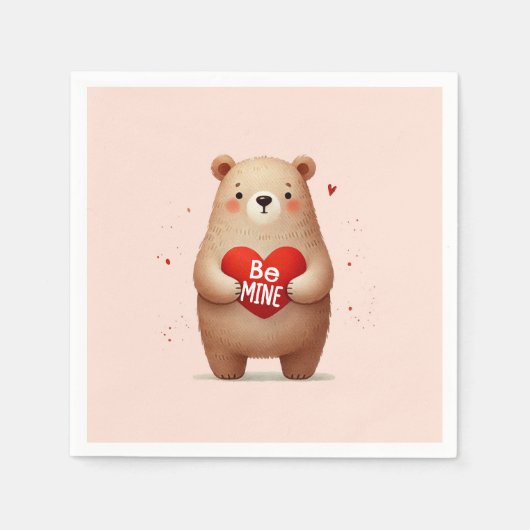 ウォーターカラーベア赤いハートxoxoバレンタインパーティー スタンダードカクテルナプキン (正面)