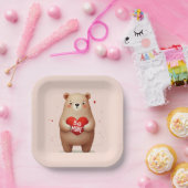 ウォーターカラーベア赤いハートxoxoバレンタインパーティー ペーパープレート (パーティー)