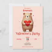 ウォーターカラーベア赤いハートxoxoバレンタインパーティー 招待状 (正面)