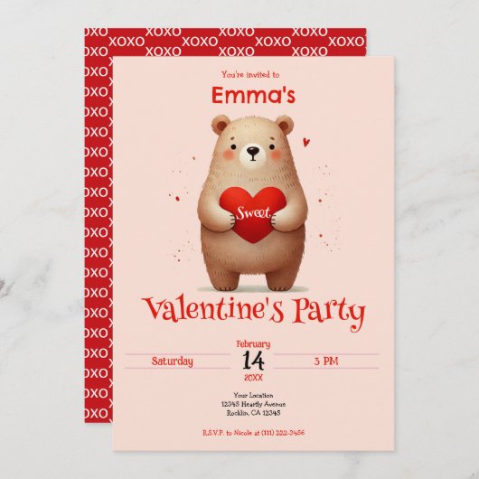ウォーターカラーベア赤いハートxoxoバレンタインパーティー 招待状 (正面/裏面)