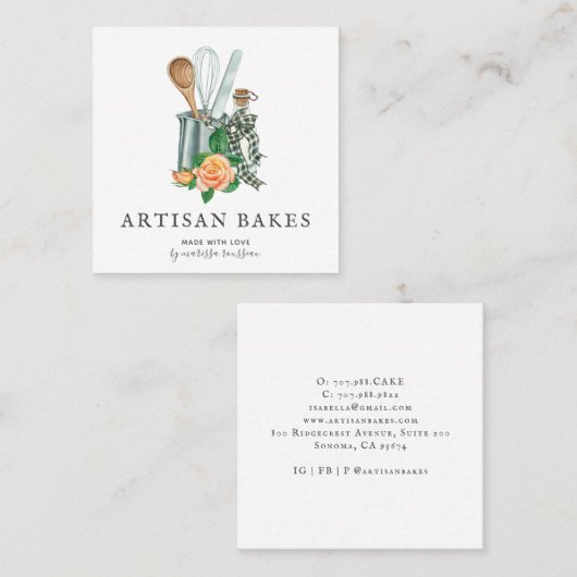 ウォーターカラーベイカーベーキング&料理用具ベーカリー スクエア名刺 (正面/裏面)