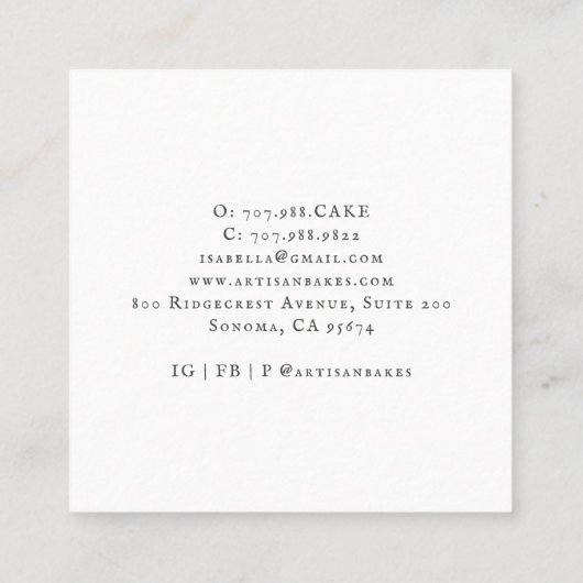 ウォーターカラーベイカーベーキング&料理用具ベーカリー スクエア名刺 (裏面)