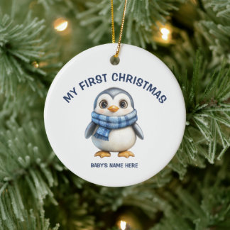 ウォーターカラーベイビーの最初のクリスマスフォト セラミックオーナメント