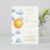 ウォーターカラーベイビーボーイシャワー Here comes the son 箔招待状 (立ち正面)