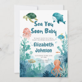 ウォーターカラーベビーシャワーQRコード Sea You Soon Baby 招待状