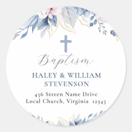 ウォーターカラーベビーブルーフローラバプテスマ差出人住所 ラウンドシール