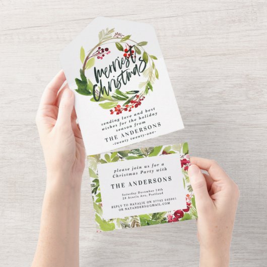 ウォーターカラーベリーとグリーンリースホリデイオール オールインワン招待状 (貼ってはがせる)