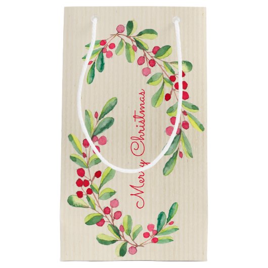 ウォーターカラーベリーと葉ズホリデークリスマス スモールペーパーバッグ (正面)