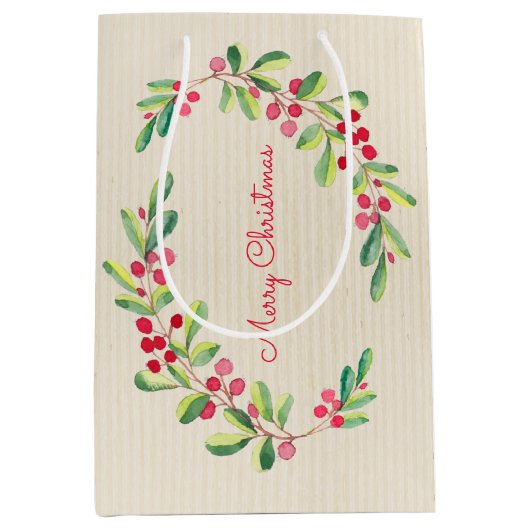 ウォーターカラーベリーと葉ズホリデークリスマス ミディアムペーパーバッグ (正面)