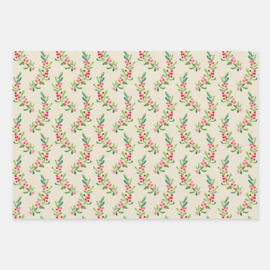 ウォーターカラーベリーと葉ズホリデークリスマス ラッピングペーパーシート (正面2)