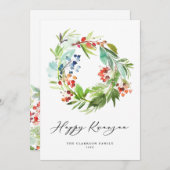 ウォーターカラーベリーアンドグリーンリースハッピークワンザ シーズンカード