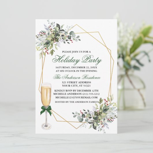 ウォーターカラーベリーグリーナリーホリデーパーティーグラス 招待状 (スタンド正面)