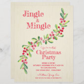 ウォーターカラーベリーグリーンリースワッグクリスマス招待状 (正面/裏面)