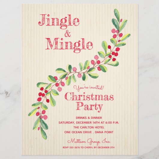 ウォーターカラーベリーグリーンリースワッグクリスマス招待状 (正面)