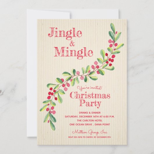ウォーターカラーベリーグリーンリースワッグクリスマス招待状 (正面)