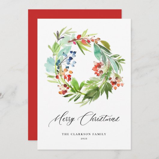 ウォーターカラーベリーグリーンリーリースメリークリスマス シーズンカード (正面/裏面)