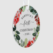 ウォーターカラーベリーグリーンリーリース初めてのクリスマス オーナメント (正面)