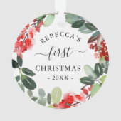 ウォーターカラーベリーグリーンリーリース初めてのクリスマス オーナメント (裏面)